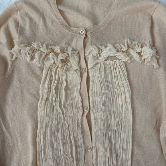 J Crew MEDIUM Peach 100% Cashmere Button Down Ruffle Cardigan Sweater tan cream - Picture 2 of 5